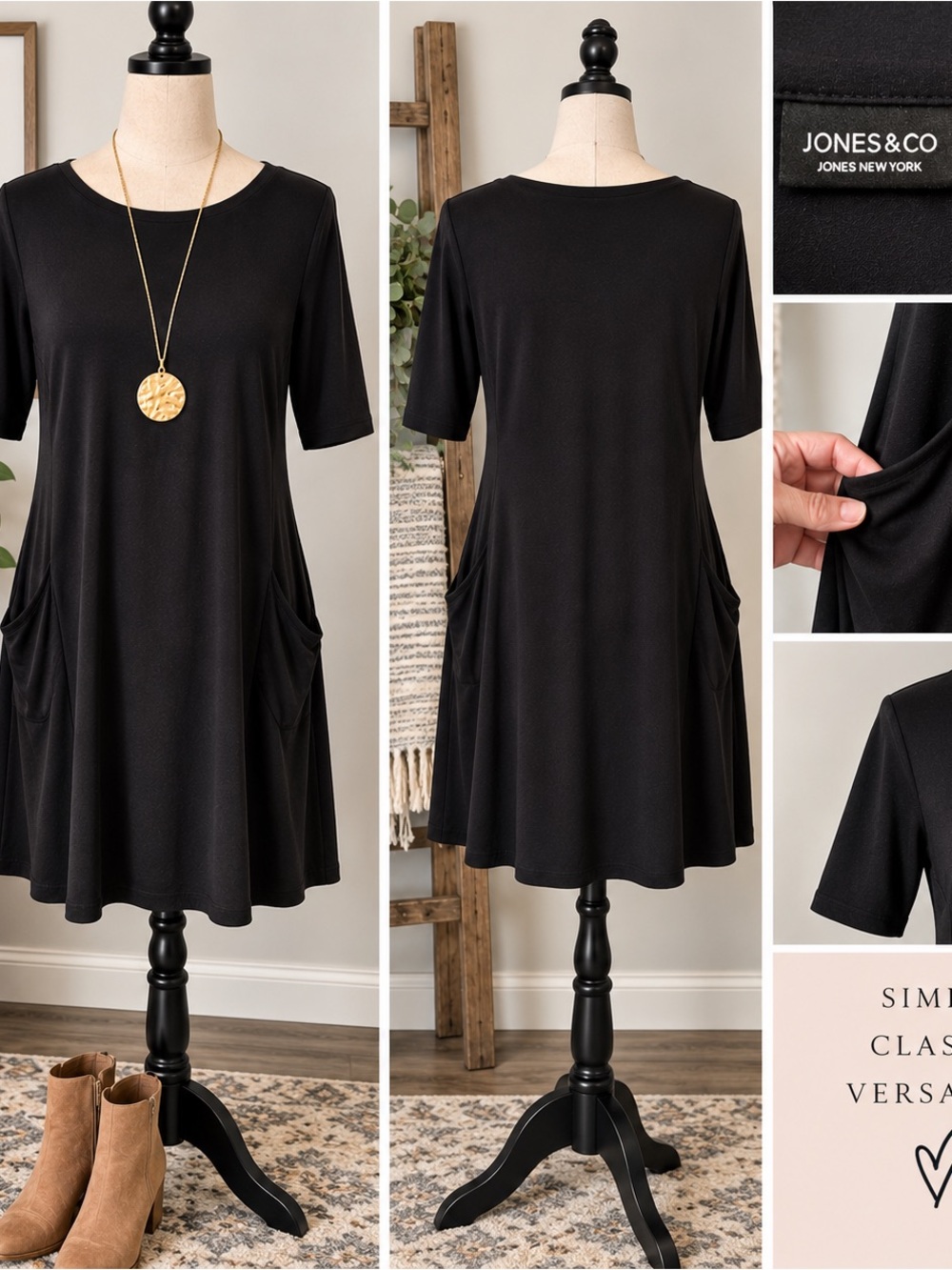 Jones & Co Jones New York Women’s L Black Midi Dress A-Line Pocket 3/4 Sleeve